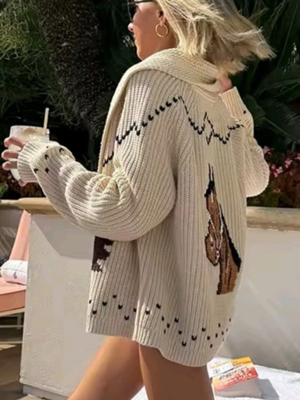Autumn Boho Knit Jacquard Women's Cardigans Loose Lapel Long Sleeve Contrast - Picture 3 of 5